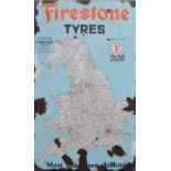 An Enamel Advertising Sign for Firestone Tyres with map of the main roads of England and Wales,