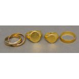 An 18 Carat Gold Signet Ring, together with another similar, two 18 carat gold band rings, 24.3