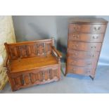 A Mahogany Bow Fronted Tall Chest, the reeded top above six drawers with brass swan neck handles