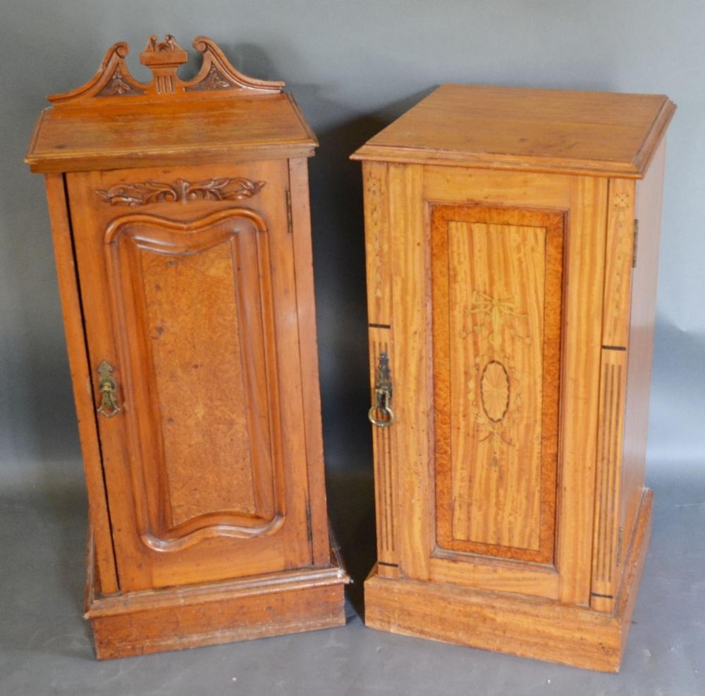 An Edwardian Satinwood and Marquetry Inlaid Bedside Cupboard, together with another similar