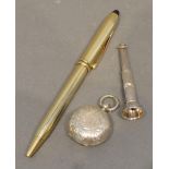 A Silver Sovereign Case, together with a cigar piercer and a gold plated pen by Cross