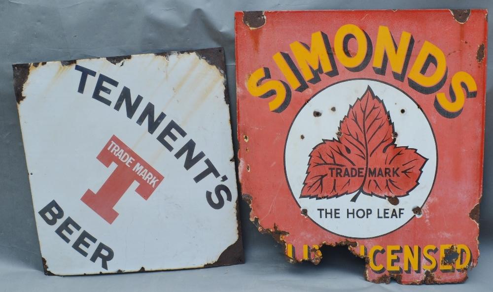 An Early Advertising Enamel Sign for Tennents Beer, 76cm square, together with another, Simmonds, 90