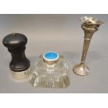 A Birmingham Silver and Enamel Covered Cut Glass Inkwell, together with a small silver spill vase