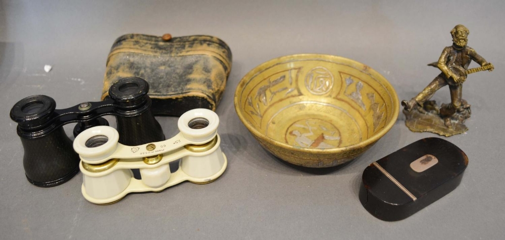 An Egyptian Small Bowl, together with two pairs of opera glasses, a horn snuff box and a small brass