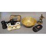 An Egyptian Small Bowl, together with two pairs of opera glasses, a horn snuff box and a small brass