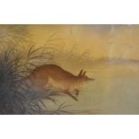 A Chinese Watercolour depicting a wolf beside a lake, bearing signature, 23.5 x 35.5cm