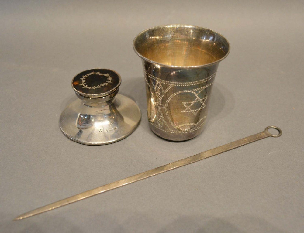 A London Silver Mug, together with a Birmingham silver capstan inkwell and a George III silver