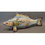 A Large Faience Vase in the form of a fish, hand painted with boats off a coast, 39cm long