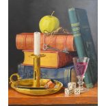 Diane Branscombe, Dickens Still Life of Books, Barnaby Rudge and Chamber Stick on a Table, oil on
