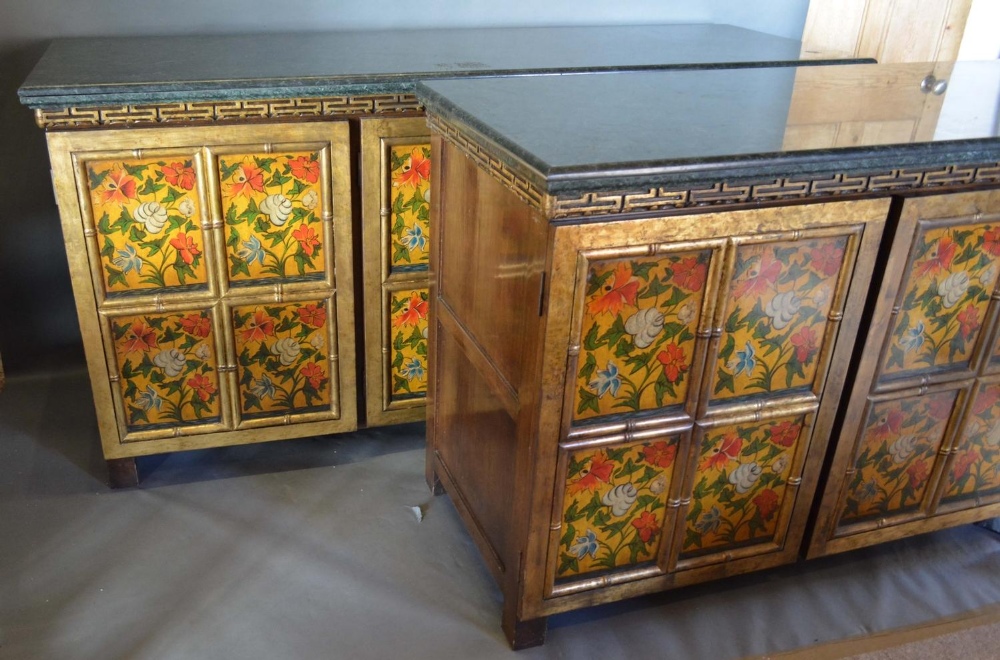 A pair of Painted Side Cabinets by Kathleen Spiegelman, the variegated marble tops above three - Image 4 of 4