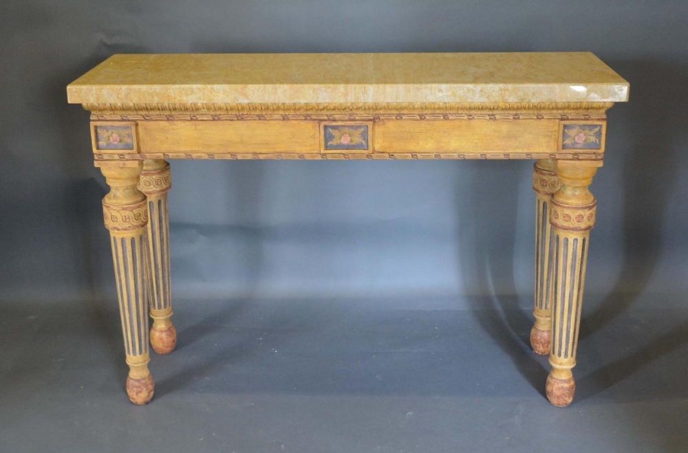 A Carved and Painted Console Table by Kathleen Spiegelman, the variegated marble top above a painted