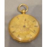 An 18 Carat Gold Cased Pocket Watch, the engraved dial with Roman numerals, 4cm diameter