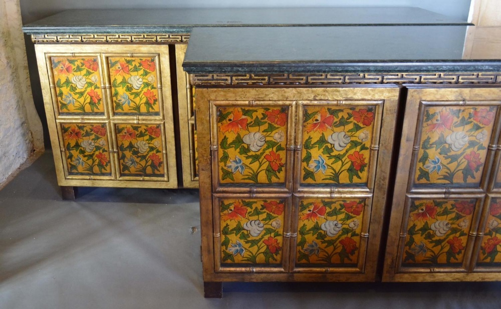 A pair of Painted Side Cabinets by Kathleen Spiegelman, the variegated marble tops above three - Image 3 of 4