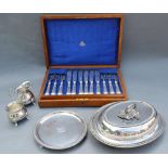 A Cased Set of Fish Knives and Forks within fitted case, together with a plated tureen, cream jug,