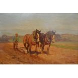 William Evans Linton, 1878-1956, England, The Plough Team, oil on board, signed, 25 x 37cm