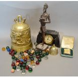 A Chinese Bronze Bell, together with a collection of other items to include marbles