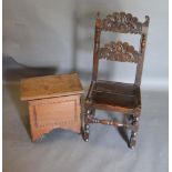 A Small Oak Coffer, chip carved, together with an oak side chair