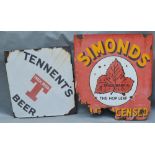 An Early Advertising Enamel Sign for Tennents Beer, 76cm square, together with another, Simmonds, 90