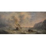 John Rose Miles, 1844-1916, England, Ships in a Rough Sea Off a Coast with Figures in a Rowing