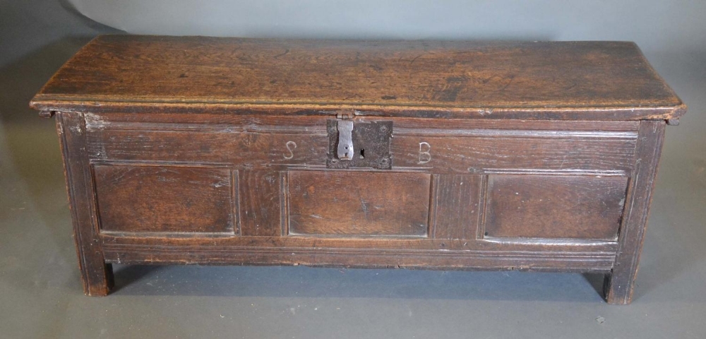 An 18th Century Oak Small Coffer, the hinged top above a three panelled front flanked by stiles with