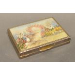 A Birmingham Silver Rectangular Compact, the top inset with a silk embroidered panel depicting a