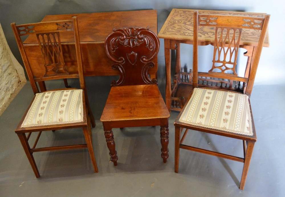 A Victorian Mahogany Hall Chair, together with a pair of Edwardian inlaid side chairs, a Pembroke