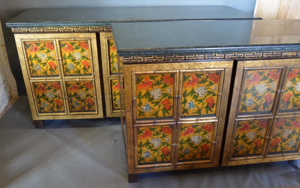 A pair of Painted Side Cabinets by Kathleen Spiegelman, the variegated marble tops above three - Image 2 of 4