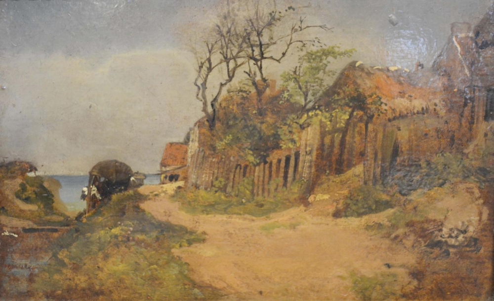 19th Century Continental School, Coastal Scene with Track Before Buildings, oil on board, 17 x 25.