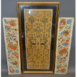 A Chinese Silkwork Panel depicting exotic birds amongst foliage, 51 x 19.5cm, together with a