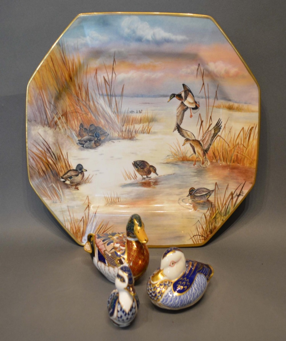 A Royal Crown Derby Decanter in the form of a duck decorated in the Imari palette, together with two