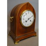 An Edwardian Satinwood Inlaid Lancet Clock with brass side handles, the enamelled dial with Arabic