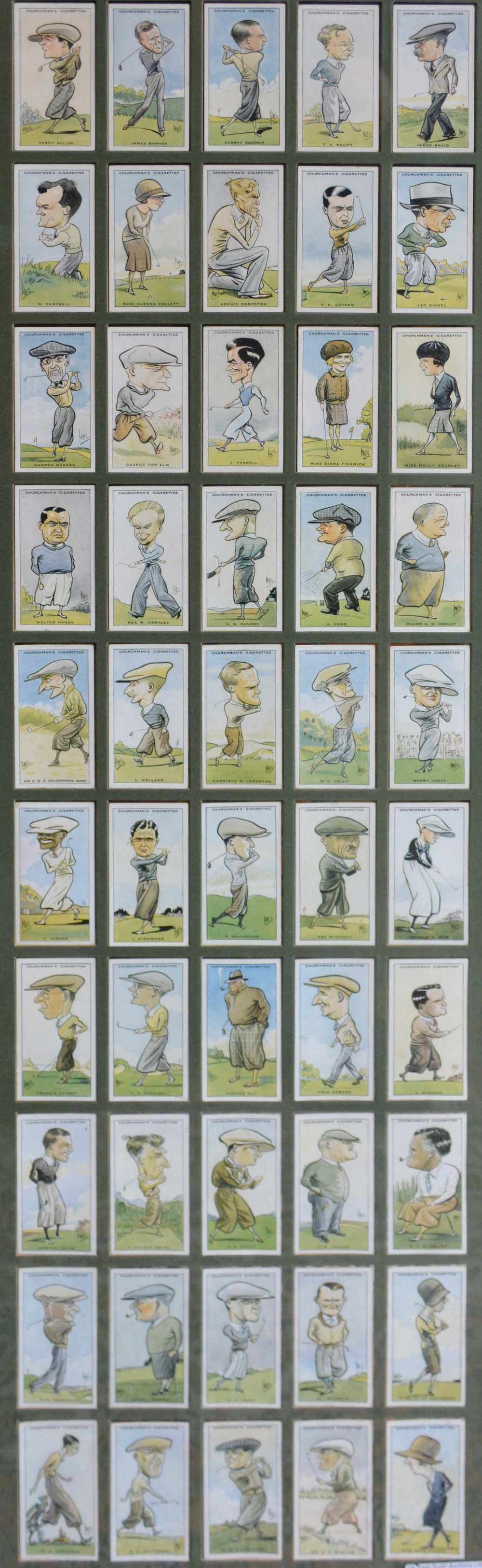 A Set of Fifty Cigarette Cards by WA & AC Churchman, Prominent Golfers, framed