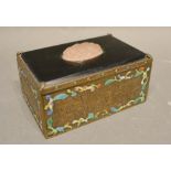 A Chinese Rectangular Casket, the hinged cover with scarab set stone and with foliate enamel