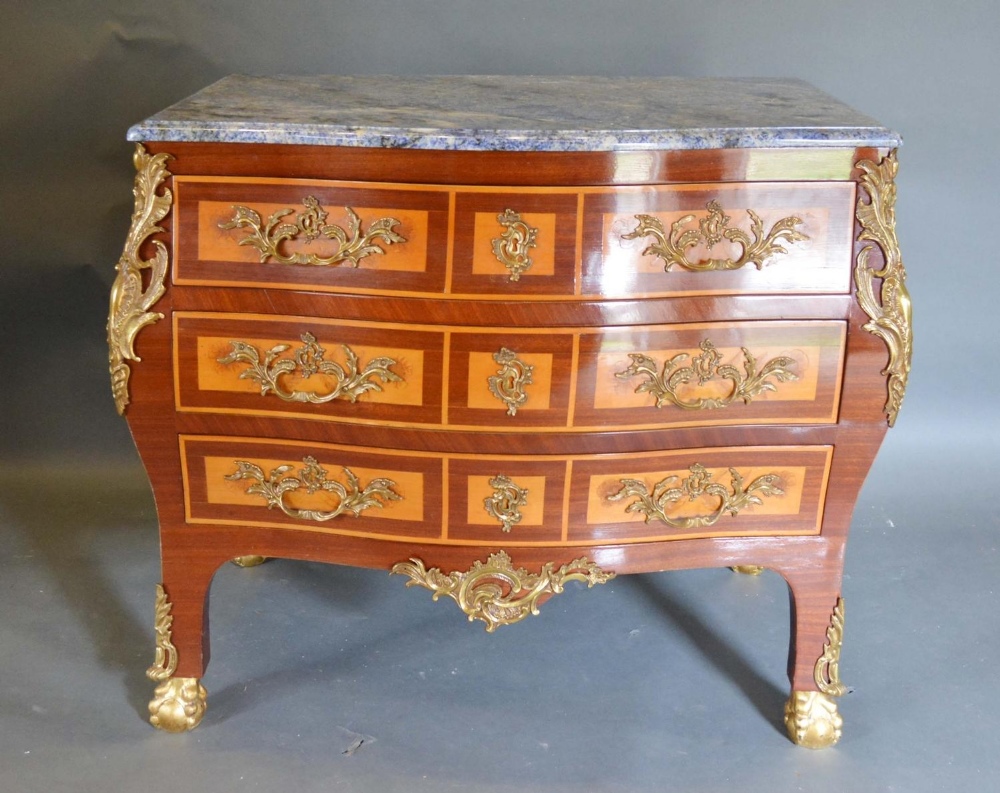 A Marquetry Inlaid and Gilt Metal Mounted Bombe Commode by Kathleen Spiegelman, the blue veined - Image 2 of 2