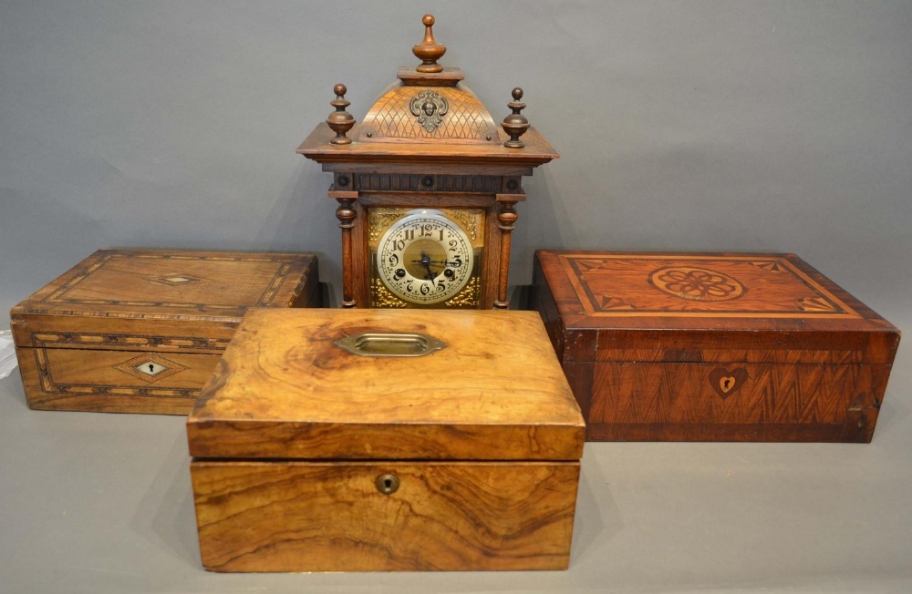 A Victorian Walnut Work Box with sunken brass handle, together with two other similar and an oak