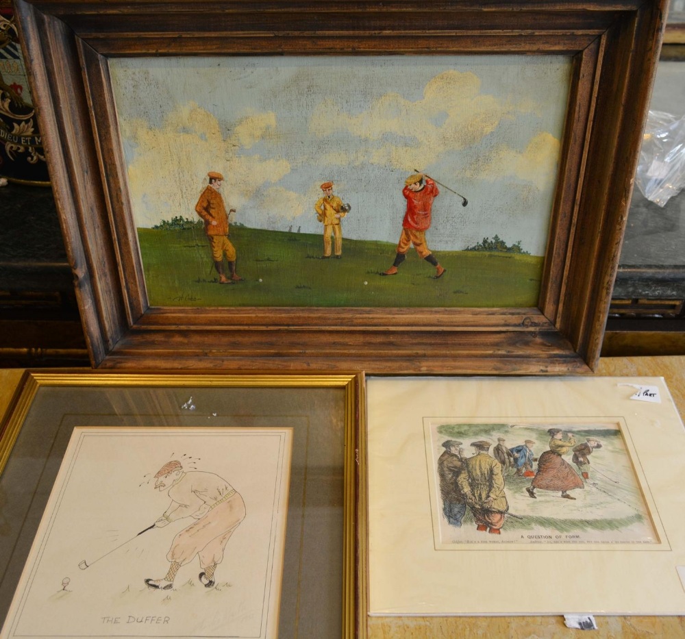 H Cobb, Three Figures Playing Golf, oil on board, together with two prints