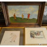 H Cobb, Three Figures Playing Golf, oil on board, together with two prints