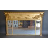 A 19th Century French Gilded Overmantel Mirror, the ball pattern cornice above a relief decorated