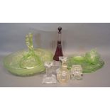 An Art Deco Green Glass Table Centre, together with various other glassware
