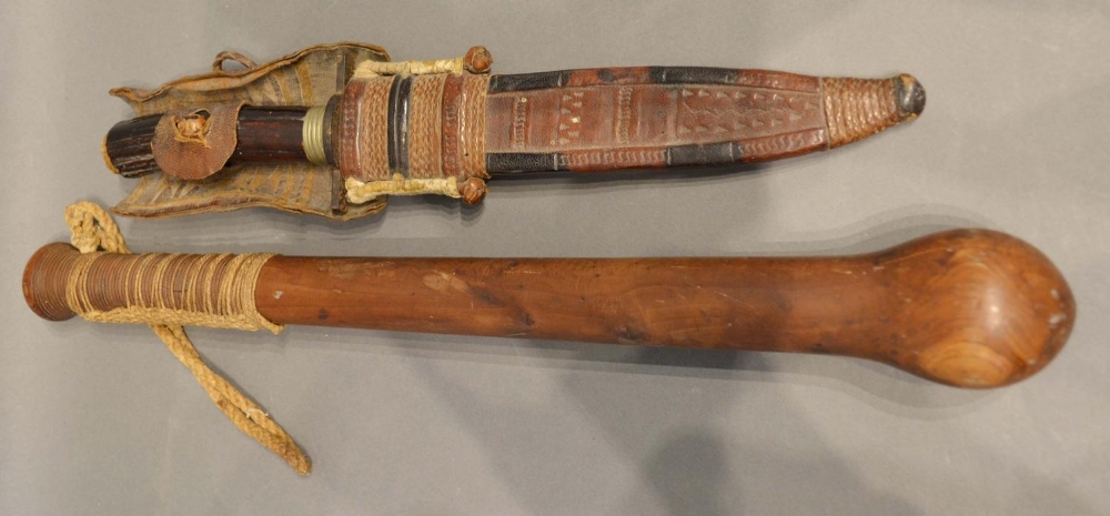 A Hunting Knife With Leather Scabbard, together with a knobkerry