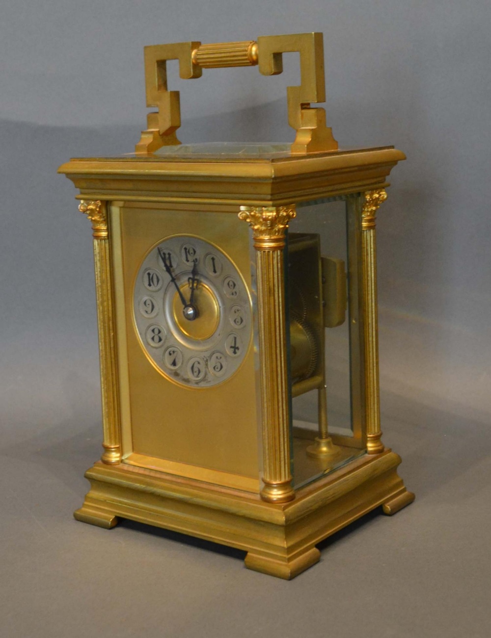 A 19th Century Large Carriage Clock by Japy Freres, the case with Corinthian columns, silvered