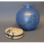 An Isle of Wight Blue Glass Vase of globular form, together with a small cloisonne box