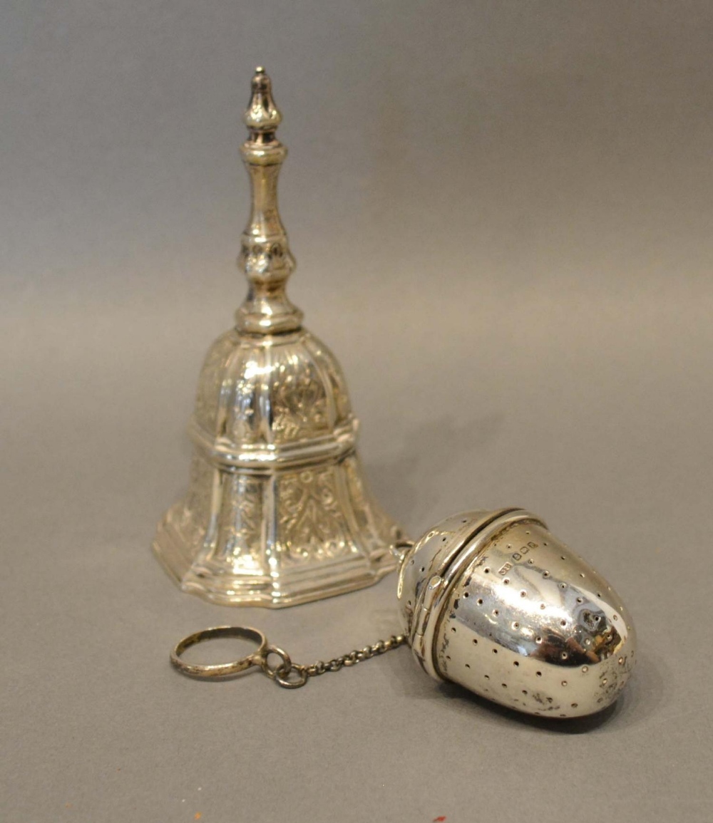 A London Silver Hand Bell, together with a Birmingham silver tea infuser