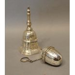 A London Silver Hand Bell, together with a Birmingham silver tea infuser