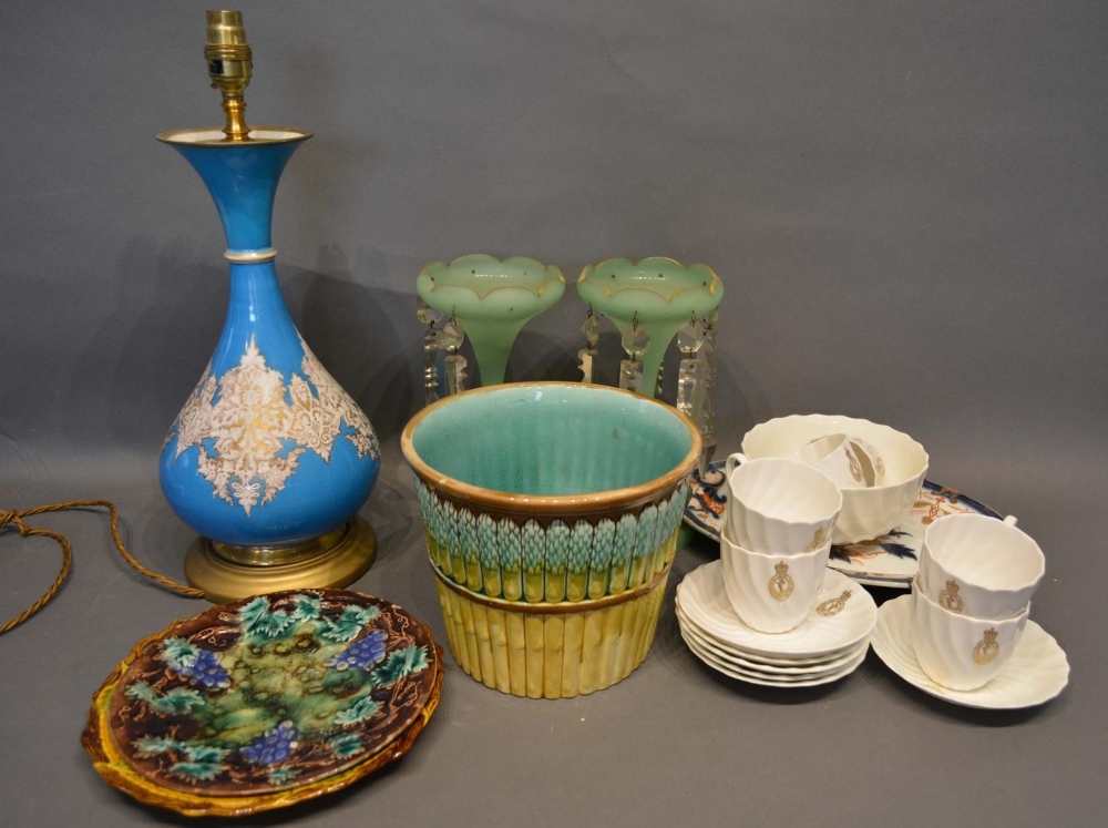 A Majolica Jardiniere, together with two similar dishes, a pair of lustres and other items of