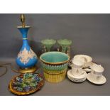 A Majolica Jardiniere, together with two similar dishes, a pair of lustres and other items of