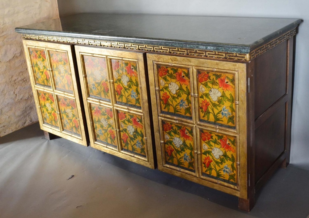 A pair of Painted Side Cabinets by Kathleen Spiegelman, the variegated marble tops above three