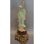 A Chinese Jade Figure Mounted on a Table Lamp, the figure 23cm tall