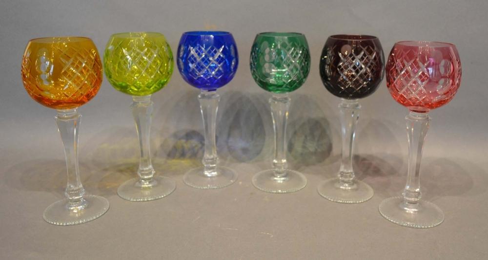 A Set of Six Multi-Coloured Cut Glass Hock Glasses