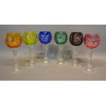 A Set of Six Multi-Coloured Cut Glass Hock Glasses